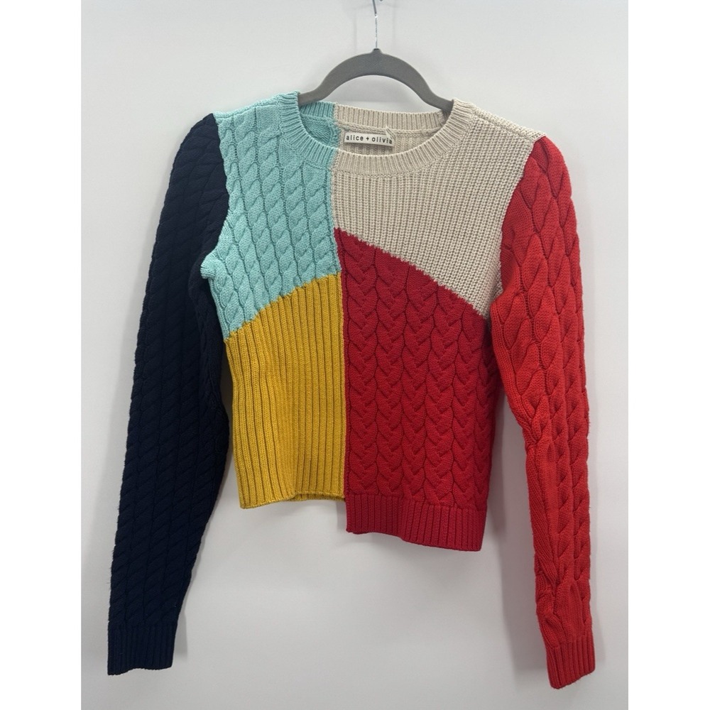 Alice + Olivia Womens Small Sweater Lebell Crop Mixed Cable Knit Color Block ASO